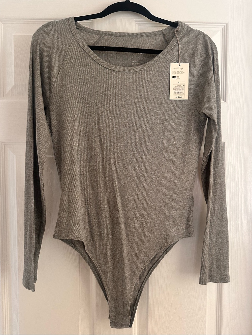 NWT A New Day Heather Gray Ribbed Long Sleeve Bodysuit | Size Large
